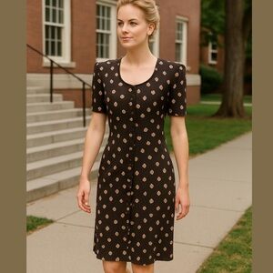 Vintage 80s SILK BROWN & TAN SHEATH MIDI DRESS W BUTTON FRONT DITZY FLORAL 4